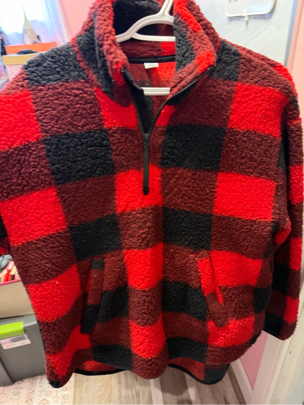 Red and Black Buffalo Plaid Sherpa Quarter-Zip Pullover